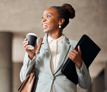 Business, black woman and happy with coffee to travel for first day at work with pride and joy for career as accountant. Female employee, smile and positive with tablet for job opportunity and growth