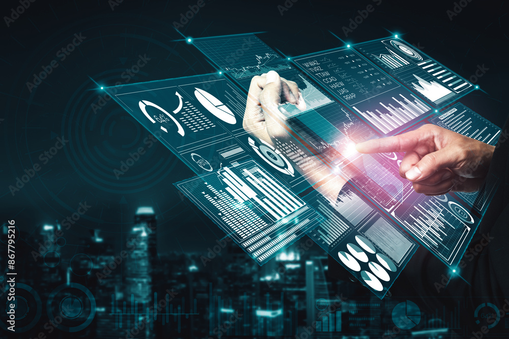 Poster big data technology for business finance analytic concept. modern interface shows massive informatio