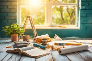 A sunny creative workspace with various tools and materials including paint brushes, rolls of paper, and notebooks on a wooden table, signifying planning and creativity in action.