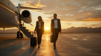 Confident Businessman And Businesswoman Walking By Private Jet At Sunset