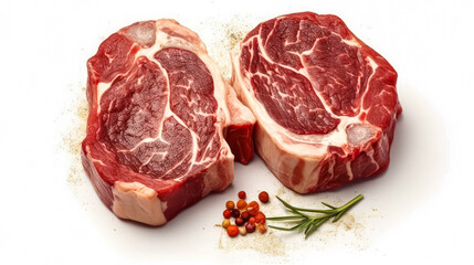 Fototapeta premium Raw indulgence, Beef steaks on parchment with spices and herbs