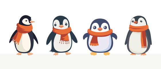 Set Of Flat  vector illustration of a penguin wearing a scarf isolating on white background.