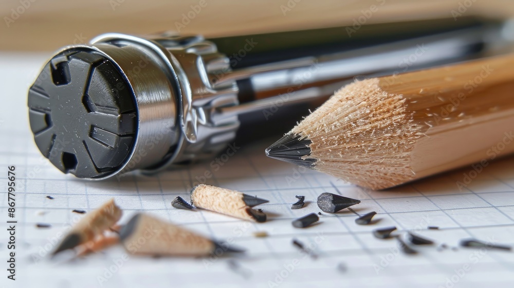 Poster pencil sharpener and pencil on notebook background with room for text