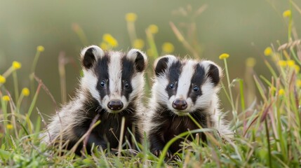 Badgers Meles meles two cubs in meadow one faces forward one forages horizontal layout with room for text