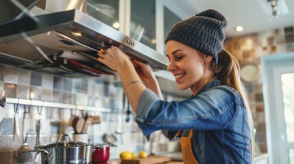 Washing kitchen hood, hand in glove clean aluminium filters. Clear extractor without fat.