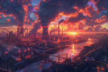 Futuristic Nuclear Power Plant with Glowing Towers at Sunset