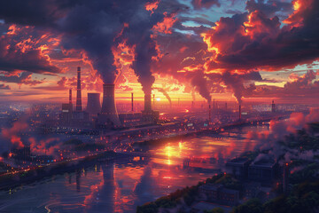 Futuristic Nuclear Power Plant with Glowing Towers at Sunset