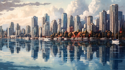 Fototapeta premium A city skyline is reflected in the water