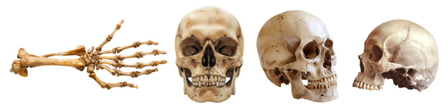Set of aged human skeleton skeletal hand and skull head bone on transparent cutout. PNG file. Many different design. Mockup template for artwork design