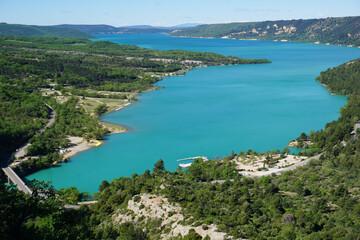 Fototapeta premium river verdon in the mountains of the gorges du verdon, south alps, france by lake ste croix with the stone bridge
