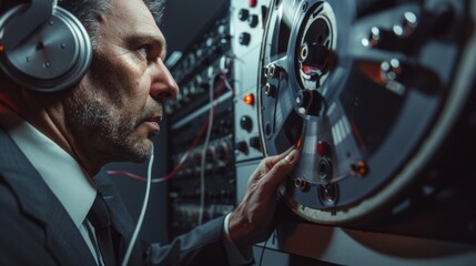 Fototapeta premium A covert agent, dressed in a suit and tie, intently listens to an audio recording on a vintage reel-to-reel tape player