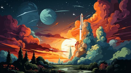 Rocket Launch at Sunset with Planets and Clouds