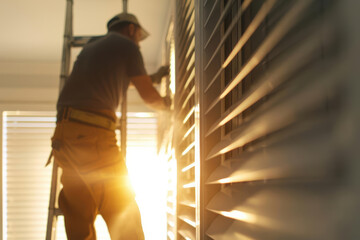 A service person cleaning an air conditioner filter, standing on a step ladder, bright room lighting