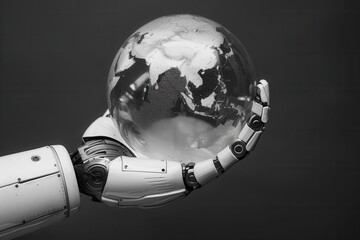 Robotic hand holding a reflective globe, symbolizing technology's influence on the world. Black and white image emphasizing modern automation.