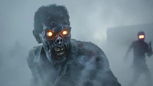 A hungry zombie with crazy eyes tries to approach its victim through the fog