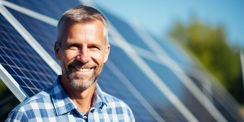 Fototapeta premium Smiling adult man male standing at solar panel. Alternative electricity power energy promotion scene