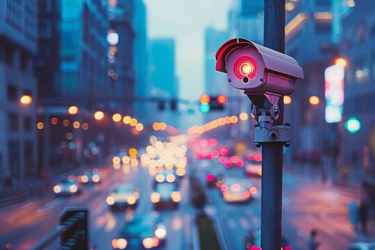 a modern, high-tech surveillance camera mounted on a sleek metal pole in an urban setting.