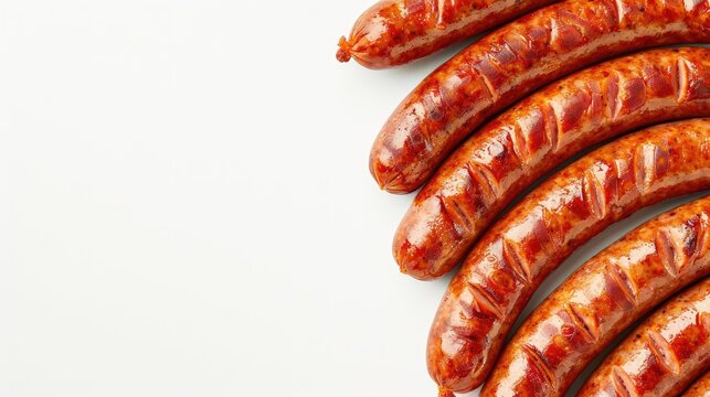 Close up of traditional raw German bockwurst on white background with space for text