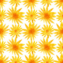 Watercolour yellow colorful flowers illustration seamless pattern. On white background. Hand painted floral elements. Drawn Botanical. Summer, spring vibes print decor. Fabric wallpaper, wrapping. 