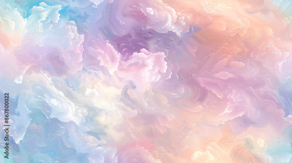 Poster soft pastel hues create an ethereal swirling cloudscape in an abstract background