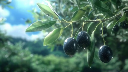   Three olives dangling from a tree branch against a blue backdrop with clouds and trees in the surroundings