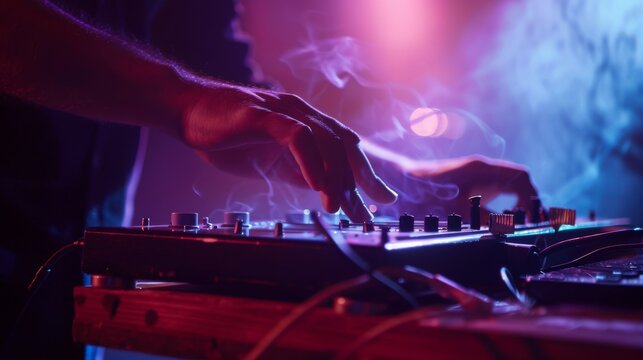 musician playing a theremin on stage, their hands gracefully manipulating the invisible fields. The theremin itself is sleek and modern, with polished wood and metal components. 