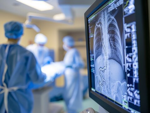 fluoroscopy screen during an ERCP procedure, showing the detailed X-ray images of the biliary and pancreatic ducts. The contrast dye injected during the procedure outlines the ducts clearly