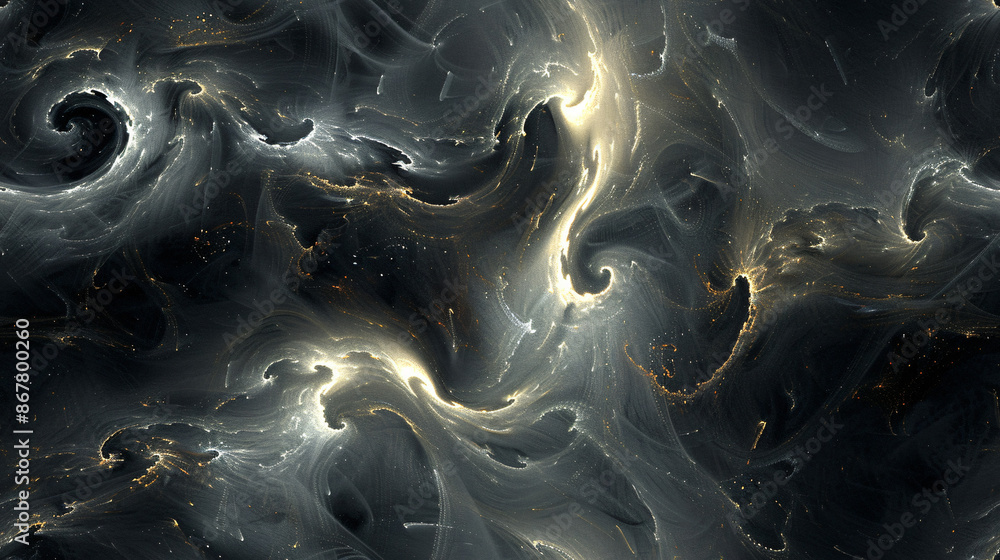 Poster golden energy flowing through dark matter creating swirls of light in abstract background