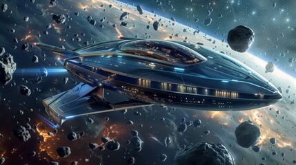 starship cruising through the cosmos at warp speed, navigating through asteroid fields and nebulae with a crew of explorers peering through transparent viewports, capturing the sense of wonder