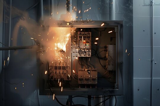 The scene features an electrical panel with visible sparks and smoke, exposed wires, and scorch marks