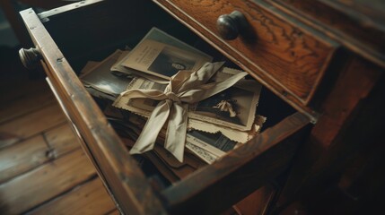 drawer left slightly ajar, revealing a secret compartment filled with old, sepia-toned photographs and yellowing love letters tied with ribbon, evoking a sense of mystery and nostalgia