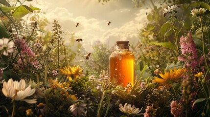 Fototapeta premium honey bottle nestled amidst a lush garden scene, surrounded by blooming wildflowers and buzzing bees, capturing the essence of nature bounty and sustainability, styled to convey freshness and organic 