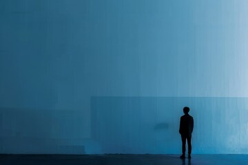 lone figure standing against a solid blue wall, their silhouette outlined by soft backlighting that creates a contemplative atmosphere, with minimalist composition and monochromatic palette conveying 