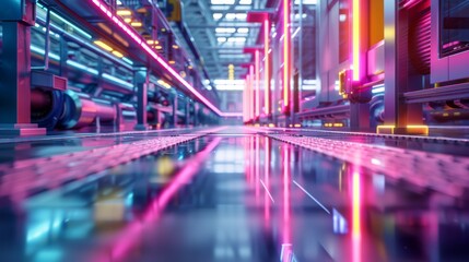 modern industrial floor in a high-tech factory, sleek metallic surfaces reflecting the neon lights of automated machinery, capturing the precision and innovation of contemporary manufacturing