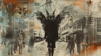 folklore and urban legend, featuring Mothman emerging from an old, tattered newspaper headline, with overlapping images of frightened townsfolk and cryptic symbols