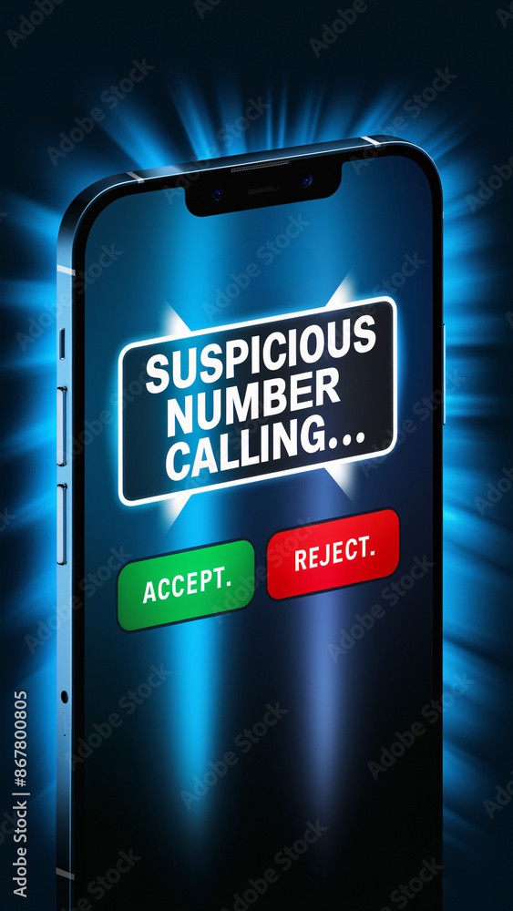 Poster suspicious number calling alert on smartphone with radiant blue background and illuminated accept an