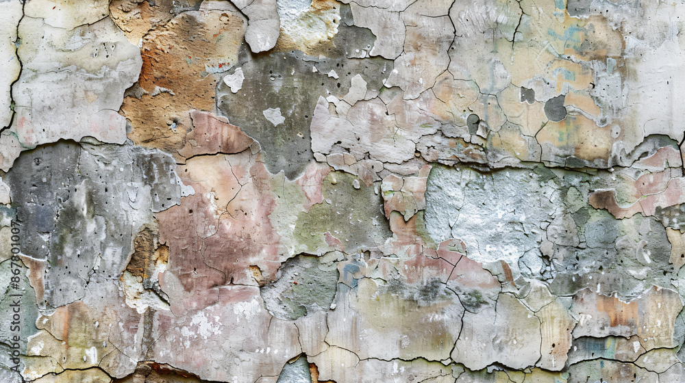 Poster old wall is showing off its many layers of cracking paint and plaster