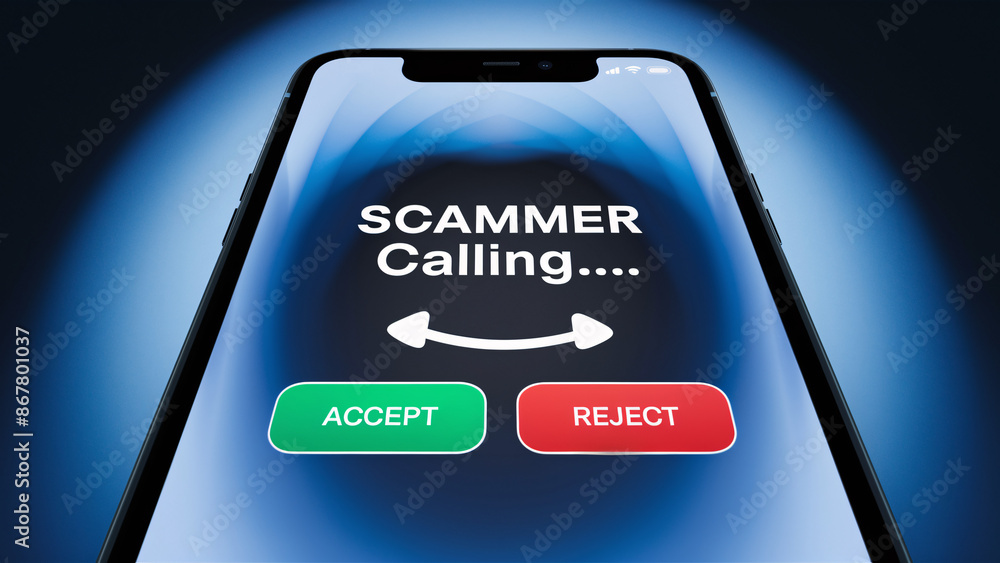 Poster scammer calling notification on smartphone with modern blue gradient background and prominent accept