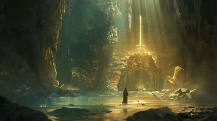 See young hero discovering a legendary sword in an ancient cavern illuminated by magical light and surrounded by ancient relics perfect for fantasy enthusiasts and fans of hero's journeys