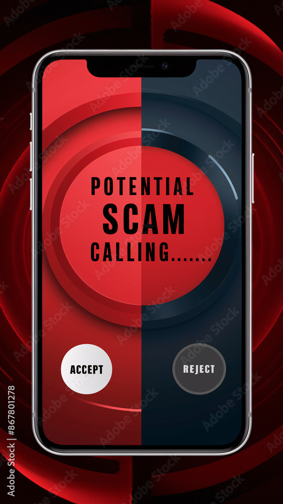 Poster potential scam calling alert on smartphone with bold red and black split screen design – eye-catchin