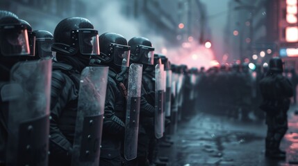 line of riot police with shields locked together, facing a crowd of protesters, with tension palpable in the air and the cityscape blurred in the background