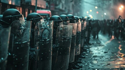 line of riot police with shields locked together, facing a crowd of protesters, with tension palpable in the air and the cityscape blurred in the background