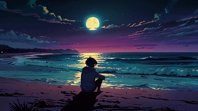 Lofi sad Boy in sun sets, reflecting on lost love, anime chill hip hop. Cyan purple colours manga style Japanese anime-style 4k lofi hip-hop bites landscape music background animation video