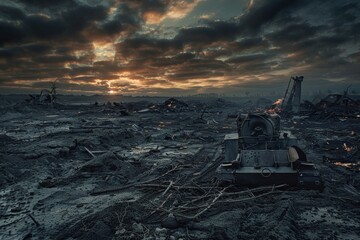 A desolate battlefield strewn with wrecked machinery and scorched earth under an apocalyptic sky, the remnants of a fierce conflict portrayed with stark realism and cinematic scope reminiscent of war