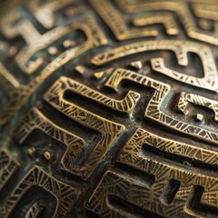 close-up of an Akan goldweight featuring an intricate geometric pattern. The goldweight, made of brass, showcases a meticulously crafted design with intersecting lines and repeating motifs.