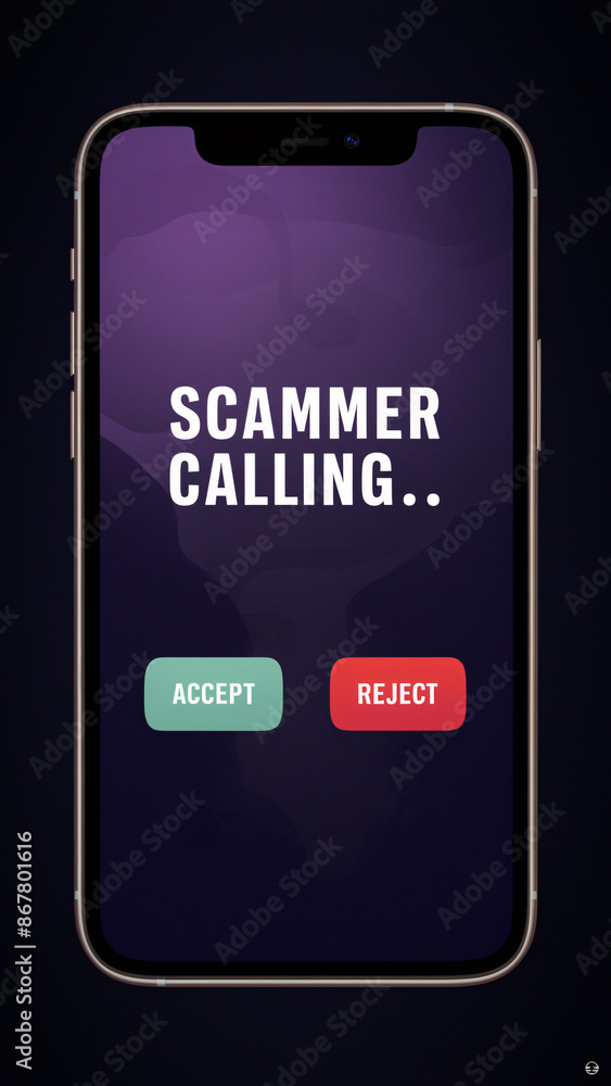 Poster scammer calling alert on smartphone with purple background and distinctive accept and reject buttons