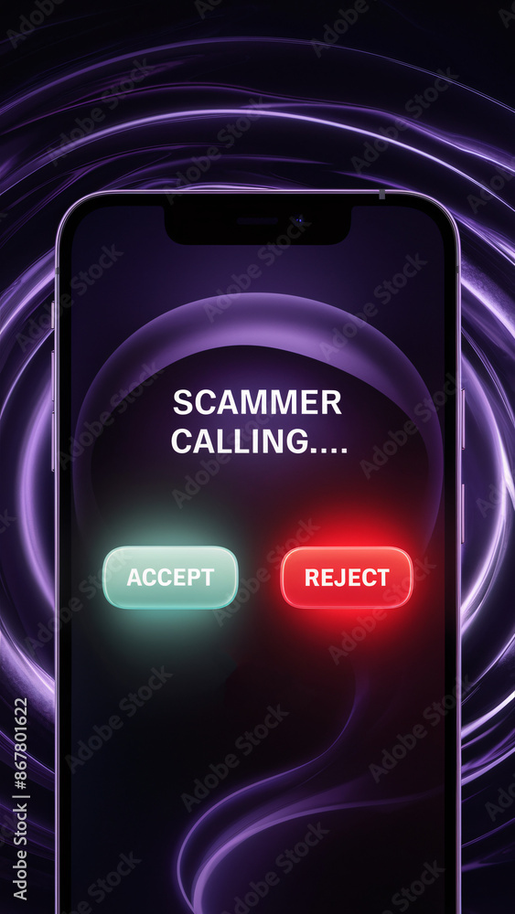 Poster scammer calling alert on smartphone with futuristic purple and black swirl background – striking vis