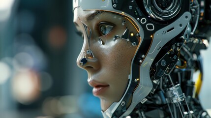 Immerse yourself in the vanguard of technological advancement with our captivating AI-robot face stock image. This meticulously crafted depiction masterfully combines the nuanced realism of human feat