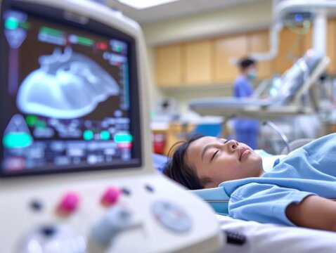 pediatrician performing an echocardiogram on a young patient to check for heart involvement, a common complication of Kawasaki disease. The child lies calmly on the examination table
