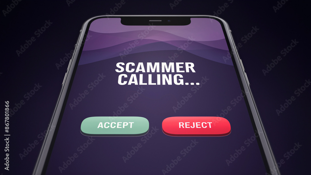 Poster scammer calling alert on smartphone with gradient purple background and 3d effect accept and reject 
